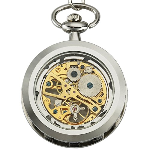 Sibosun Steampunk Transparent Open Face Pocket Watch For Men Women Silver Skeleton Dial With Chain + Box #TOP3