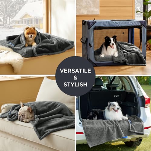Image of Bedsure Self Warming Blanket for Bed - Sherpa Fleece Waterproof Dog Blankets for Large Dogs, Pet Blankets for Bed /Couch /Dog Crate, Soft Plush Reversible Furniture Protector, Twin Size, 80 inchx60 inch, Grey