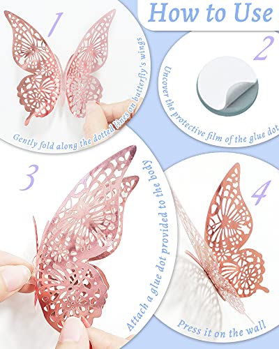 Image of 72Pcs 3D Butterfly Wall Decor, Rosegold Butterfly Decorations, 4 Styles 3 Sizes Removable Butterflies Wall Stickers Room Decor for Birthday Party Kids Bedroom Cake Nursery Room Decor