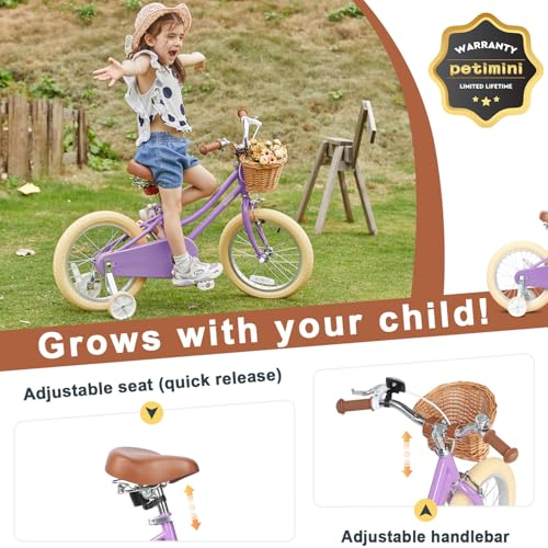 Image of Petimini Vintage Kids Bike for Girls, 12-20 Inch Classic Bicycle with Wicker Basket & Bell, High Tensile Steel Frame, Training Wheels (12-18 inch), 85% Pre-Assembled, Retro Bike for Outdoor Riding
