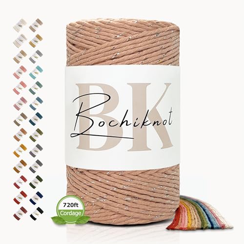 BOCHIKNOT Single Strand Macrame Cord 4mm x 240yds (220m) – Soft Cotton Macrame Rope for Beginners, Easy to Knot for Wall Hangings, Plant Hangers, Fringe and DIY Crafts (Blush & Silver)