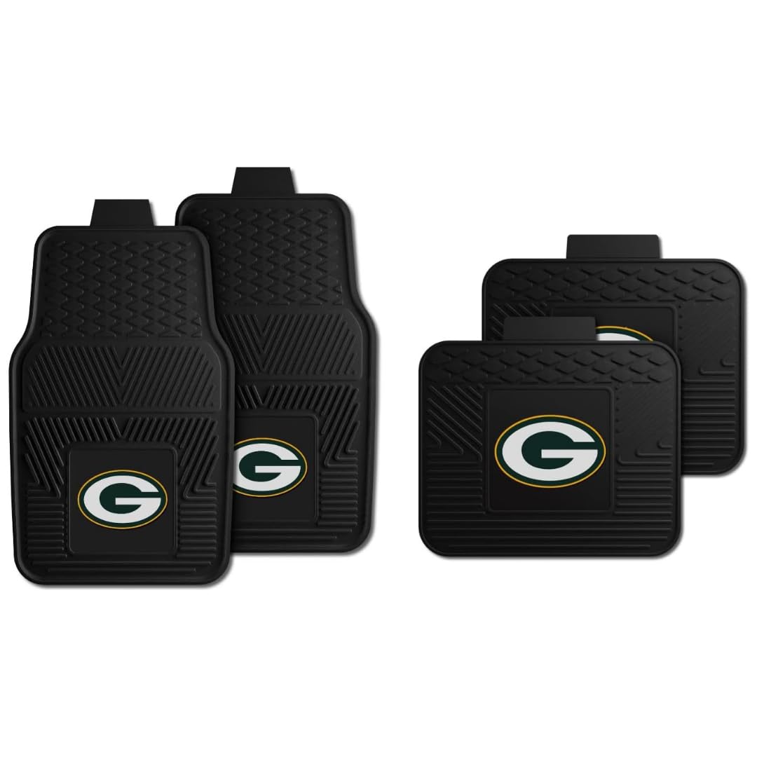 Fanmats Green Bay Packers Set of 4 Car Mats for Cars, SUV, Pickups - All Weather Technology Protection, Deep Reservoir Design, Universal Fit - 3D NFL Team Logo - 29”x17” Front - 14”x17” Rear Mat