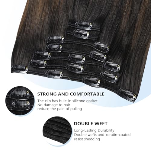 Image of COOKAYU Clip in Hair Extensions Human Hair, 1B /4 /27 Natural Black to Medium Brown and Caramel Blonde Real Hair Extensions Clip in Human Hair Thick Silky Straight Extension, 16inch 120g 7Pcs