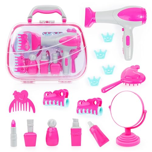 Bayer Design 79130AB Frisierkoffer Kinder inkl. Föhn mit Geräusch, Haarzubehör, Spiegel, Frisierkopfzubehör, Rosa, Grau, Türkis