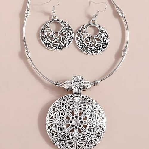 Juego de collar de filigrana y pendientes vintage con cadena de 43 cm chapada en plata 4