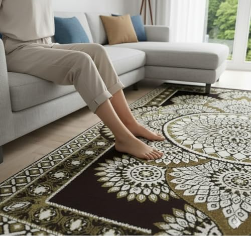 Image of Traditional Cotton Carpet 5x7 Feet Soft & Superfine Velvet Rug for Living Room, Hall & Bedroom | Designer Carpet /Area Rug Dari | Trendy & Durable Kalin Reactangular (Coffee)