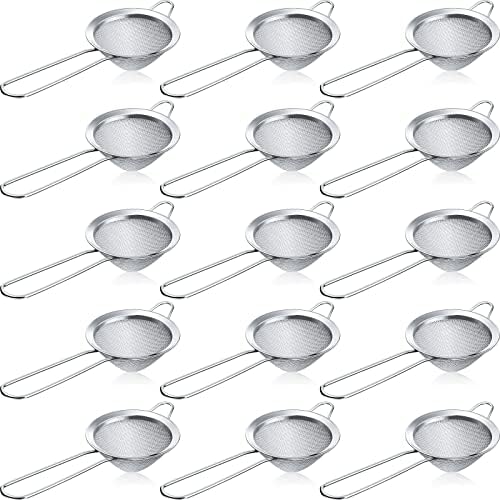 Yungyan 15 Packs Fine Mesh Small Strainer 3.3" Cocktail Strainer Stainless Steel Tea Strainers Mini Sieve Sifter for Juice, Tea Herbs, Coffee Drinks, Long Handle(Silver) - Thumbnail 3