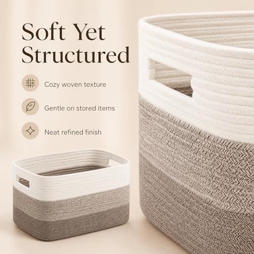 Image of Cotton Rope Laundry Basket Medium, 15.4GAL Collapsible Woven Storage Baskets for Living Room Kids Toys Stuffed Animal Boho Rectangular Decorative Short Hamper for Dirty Clothes Blankets Gradient Brown