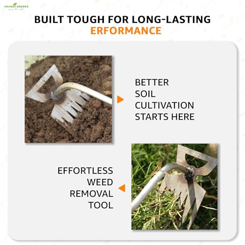 Image of Anandi Greens Garden Weeding Tool with Wooden Handle || Weeder Hand Tool 6 Claws Manual Weed Puller for Lawn and Garden Steel