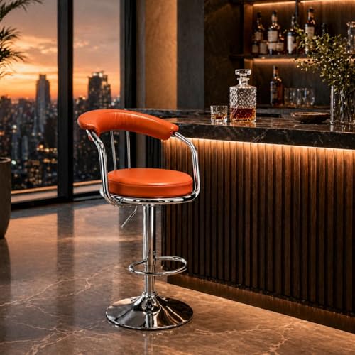 Image of Kemon Modern Adjustable Swivel Bar Stool Chair with Backrest, PU Leather Hydraulic Counter Stool with Footrest for Kitchen Island, Cafe & Home Bar (1, Orange, Round Barrel Stool)