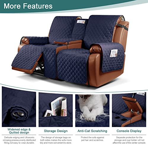 Image of Ruaozz Waterproof Recliner Loveseat with Console, Non-Slip Couch Cover for Double Recliner Split Sofa with Elastic Straps for Kids, Dogs, Pets (Dark Blue, 2 Seater)