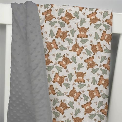 Image of Mink Baby Blanket for Boys Highland Cow Cactus Gray, Western Farm Animal Soft Lightweight Double Layer Dotted Backing Receiving Blankets, Newborn Infant Toddler Nursery Crib Bedding 30 x 40