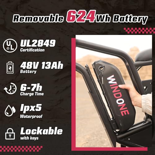 Windone E2 Electric Bike for Adults, Full Suspension, 48V13Ah Removable Battery, Up to 28MPH & 46.6 Miles (PAS), 1000W Ebike with All-Terrain 4.0″ Fat Tires, Cruise Control, UL Certified, Moped E-Bike