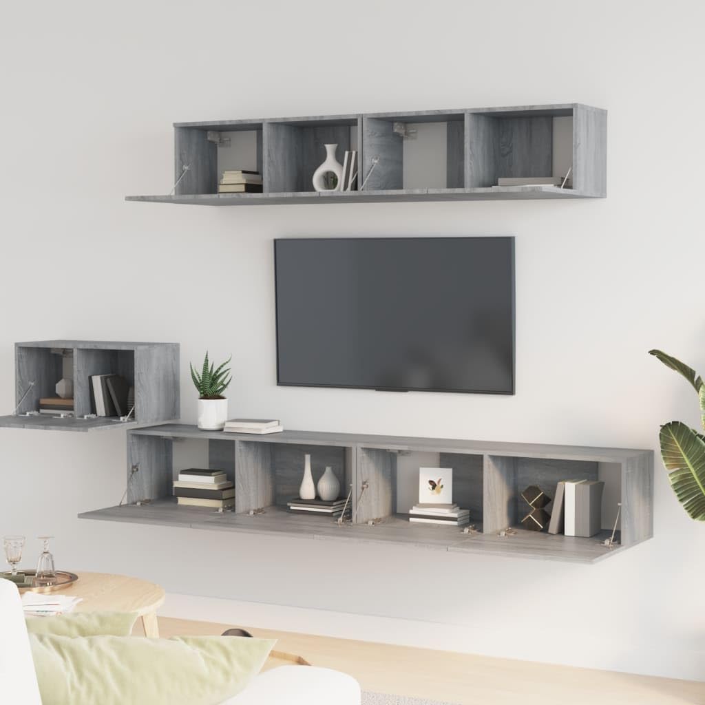 5-TLG. TV-Schrank-Set Grau Sonoma Holzwerkstoff, Wandmontage, Modernes Media Center für Wohnzimmer, Viel Stauraum, Stabil & Feuchtigkeitsbeständig