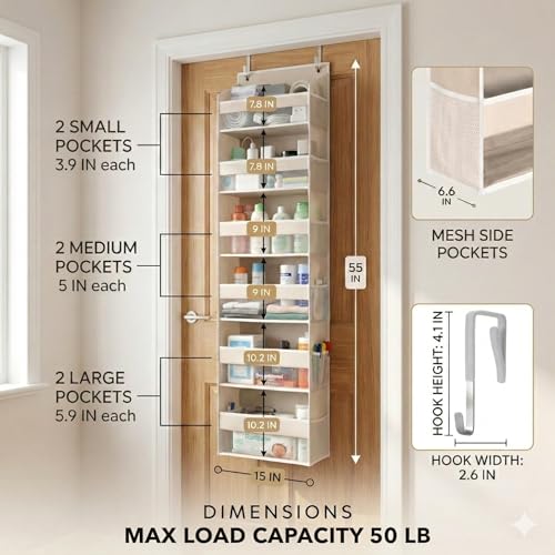 Image of HOMELUX THEORY UPGRADED 6 Tiers Over The Door Organizer Hanging - 100D EXTRA THICK & 50lbs HUGE CAPACITY, 12 Side Mesh Pockets Over The Door Shoe Organizer, Hanging Closet Organizer (Ivory, 1pc)