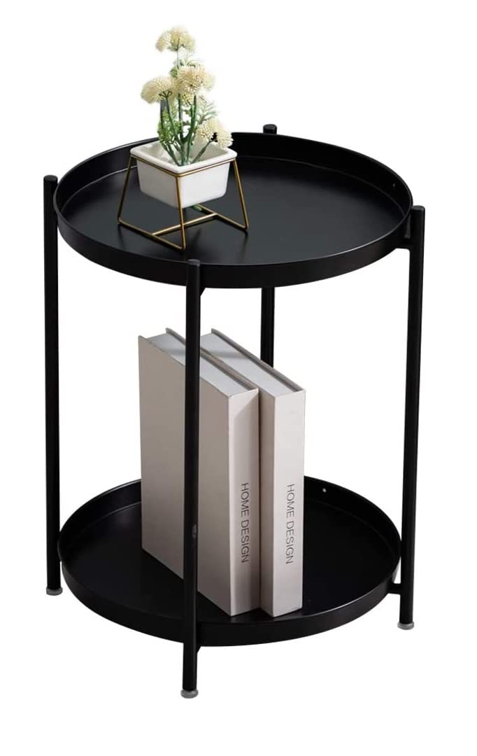 New Mark Impex Side Table, 2-Tier Round Tray Table, Steel, Night Table, Easy Assembly, Cafe Table, (Black, Metal)