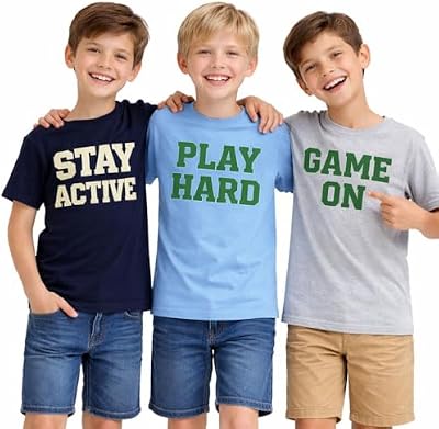 HILEELANG Boys 3-Pack Graphic Sports Cotton T-Shirts, Navy/Heather Gray/White, Athletic Short Sleeve...