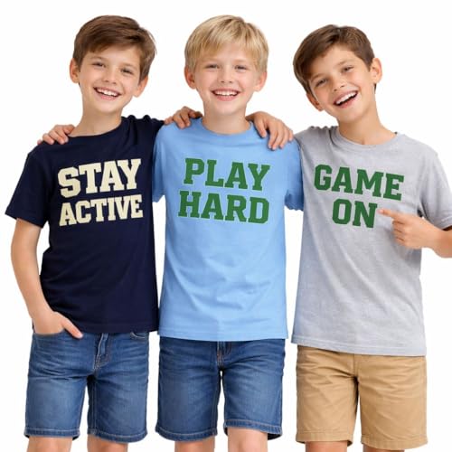 HILEELANG Boys 3-Pack Graphic Sports Cotton T-Shirts, Navy/Heather Gray/White, Athletic Short Sleeve Tees for Big Kids 5–13 Years
