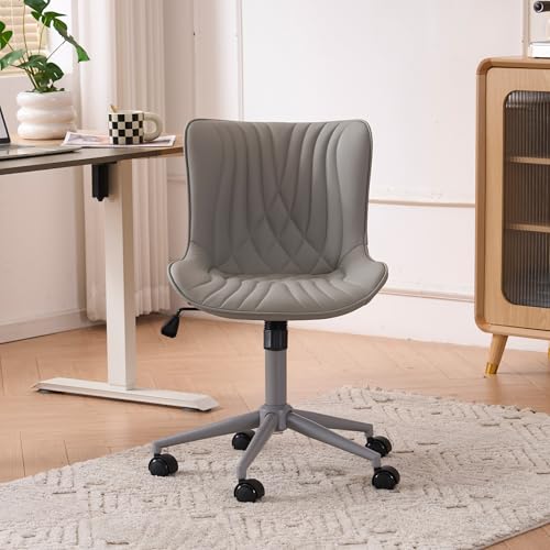 Image of YOUTASTE Grey Armless Office Chair, Modern Adjustable Swivel Desk Chair with Wheels, Upholstered PU Leather, Gray Metal Legs, Back Support for Home Office, Study, Vanity, Bedroom