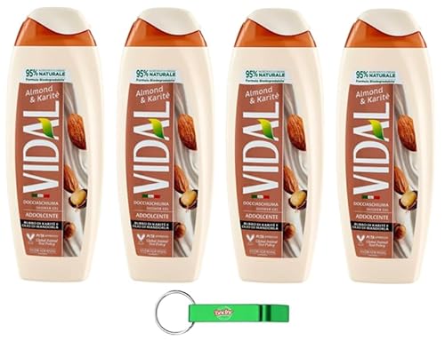 Vidal Lot de 4 gels douche Bagnodoccia/mousse de douche à l'huile d'amande et au beurre de karité 250 ml + porte-clés Beni Culinari