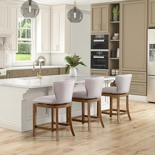 Image of ROME + OAK Carlynd 26 inch Counter Stool, Set of 2 Low Back Swivel Kitchen Barstool in Weathered Oak Finish with Sand Fabric Upholstered Seat
