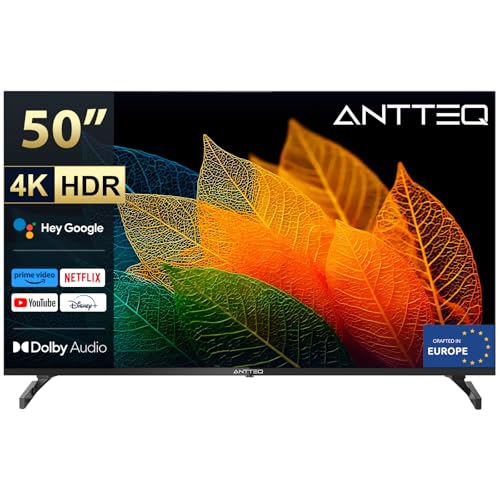 Antteq S50 50 Zoll (127cm) 4K UHD Smart TV mit Android TV, Dolby Vision & HDR10, Triple Tuner DVB-C/S/S2/T/T2, YouTube & DAZN, Google Assistant, 60Hz, Bluetooth, Wi-Fi