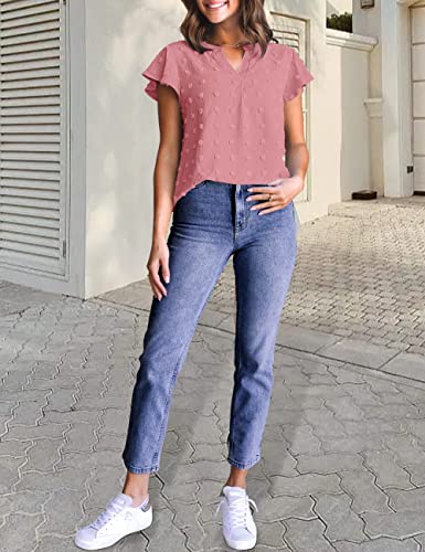 Merokeety Women Split V Neck Short Sleeve Flowy Blouse Polka Dot Work Office Shirt Top Coralred Small #TOP5