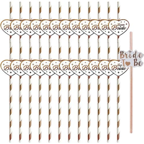 Team Bride Drinking Straws (25pcs) Rose Gold Hen Party Accessories for Bachelorette Bridal Shower Decorations Eco-Friendly Paper Straws for Wedding Celebrations