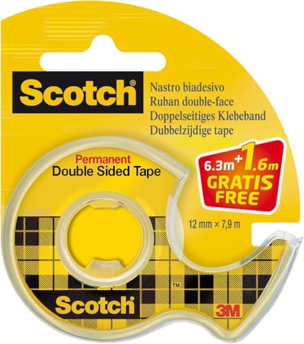 Scotch Double-Sided Tape, 1 Roll on Handheld Dispenser + 25% Extra FREE, 12 mm x 7.88 m - Clear Double Sided Sticky Tape, Strong, Long-Lasting, and Photo-Safe