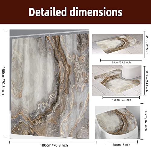 Alabohuke 4Pcs Marbled Shower Curtain Set, Sophisticated Contemporary Bathroom Decor, With Rug And Accessories Non-Slip Rug, Toilet Cover, Bath Mat And 12 Hooks, 70.8 X 70.8 Inches #TOP4