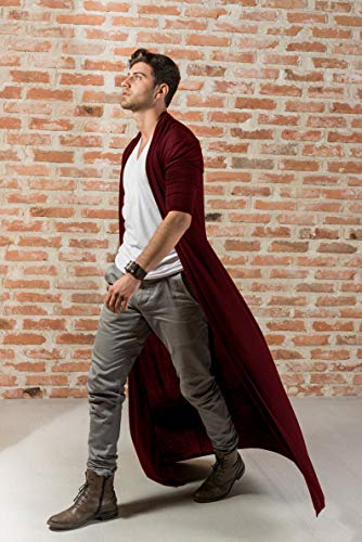Coofandy Men's Lightweight Ruffle Shawl Collar Cardigan Open Front Long Length Drape Cape Overcoat Wine Red #TOP1