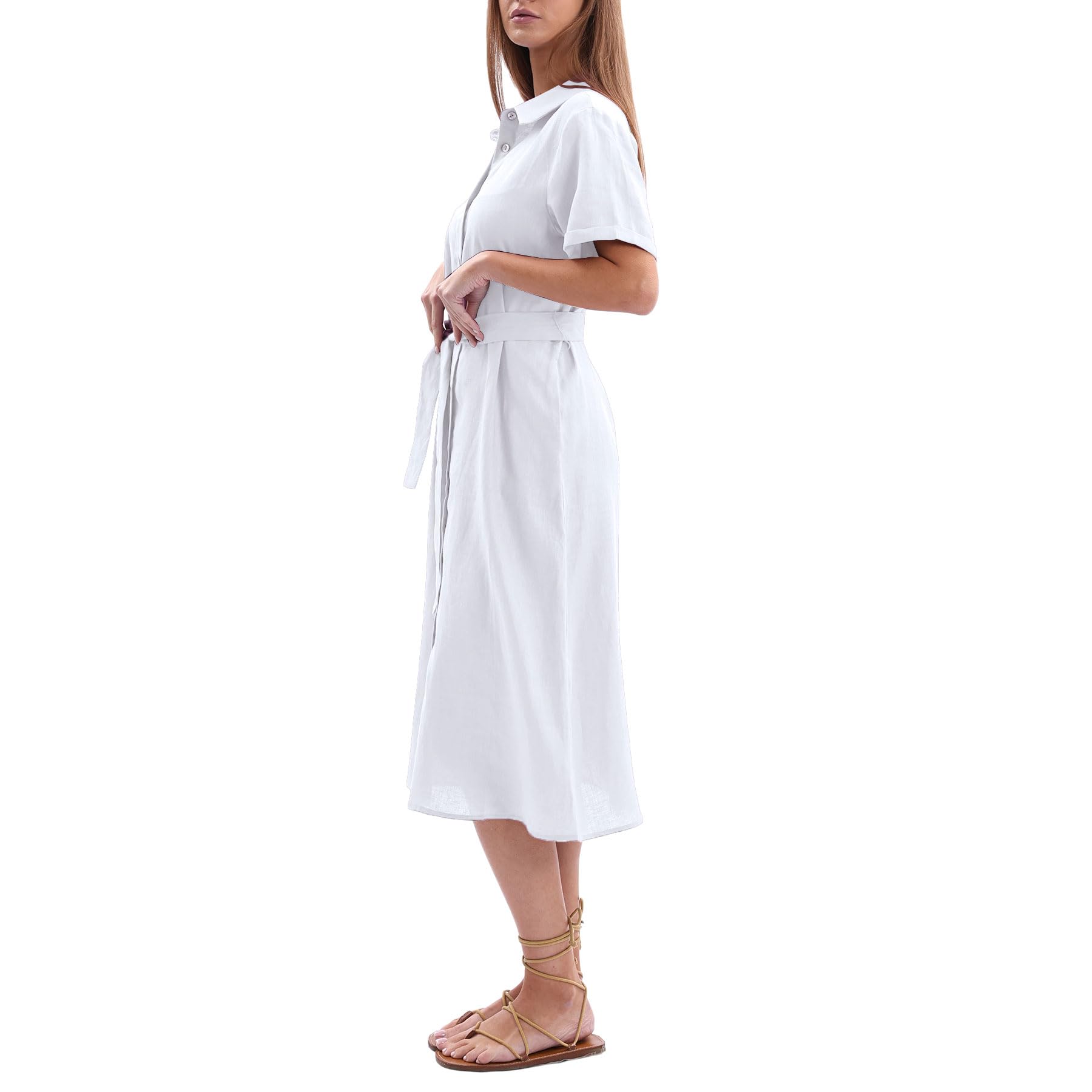 Amazhiyu Robe chemisier en lin pour femme - Robe midi - Robe en lin - Robe d'été - Longueur genou - Élégante avec poches et ceinture