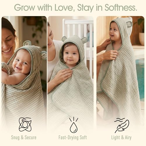 Image of Ultra-Soft Muslin Toddler Hooded Towel - 55 x 28 Inches, Made with Organic Cotton, Gender-Neutral Sage Green Striped Jacquard Pattern, Ideal for Bath & Beach, Newborn to Toddler