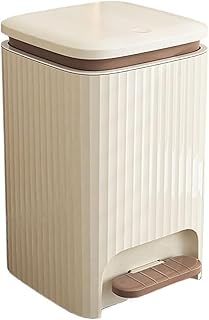 Waste Bin 9/12 Liter Square Plastic Trash Can with Lid, Double Opening Lid Pedal Trash Can with Built-in Pressure Ring for Living Room, Bedroom, Kitchen,Bathroom Rubbish (Cream White+Coffee,9L)