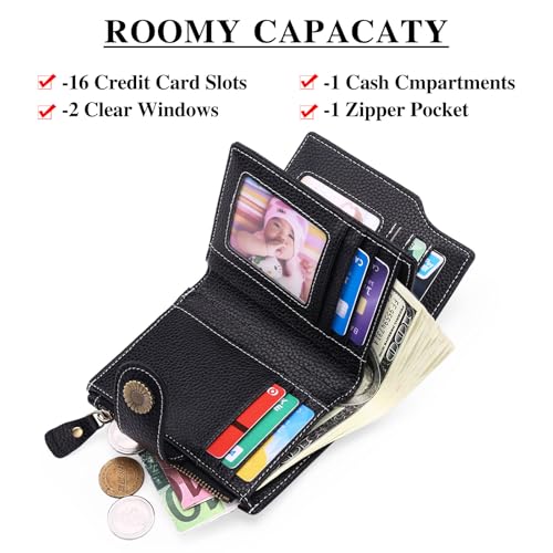 Image of FALAN MULE Women RFID Blocking Genuine Leather Bifold Credit Card Case with Side Zipped Coin Pouch, Lichee Black, Casual