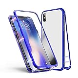 Fantasydao Compatible/Remplacement for Huawei P30 Lite Case Metal Frame Magnetic Clear Tempered Glass Double Cover 360° Protection Anti-Scratch Shell with Huawei P30 LITE (Blue)