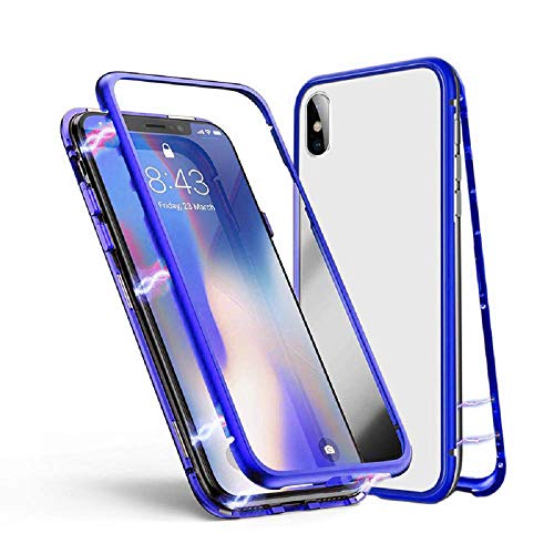 Fantasydao Compatible/Remplacement for Huawei P30 Lite Case Metal Frame Magnetic Clear Tempered Glass Double Cover 360° Protection Anti-Scratch Shell with Huawei P30 LITE (Blue)