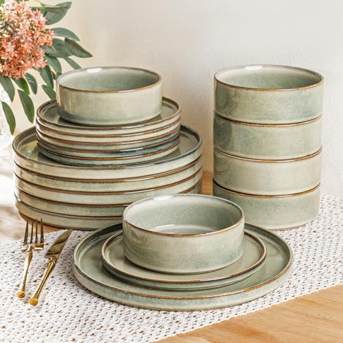 Image of AmorArc Ceramic Dinnerware Sets, Handmade Reactive Glaze Stoneware Plates and Bowls Sets,Highly Chip and Crack Resistant | Dishwasher & Microwave Safe Dishes Set, Service for 6 (18pc)
