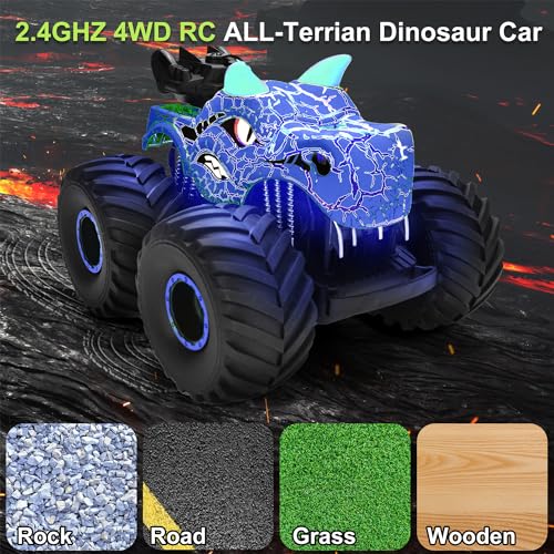 Onadrive Remote Control Monster Truck - 2.4GHz Dinosaur RC Car Toys for 3-8 Years Old Boys Kids, All Terrain Truck Off Road with Spray Water, Light, Rechargeable Battery, Christmas Birthday Gifts - Thumbnail 3