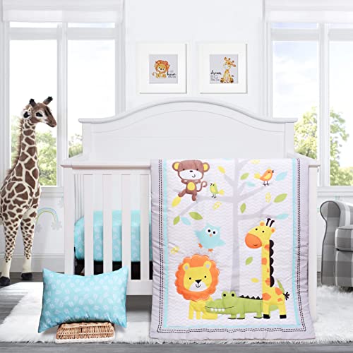 Image of JISEN 3 Piece Crib Bedding Set Crib Quilt Crib Sheet Pillowcase - Soft Microfiber Printed Nursery Set for Baby Boys or Girls Zoo