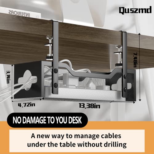 Image of Cable Management Under Desk 13.38 inch- No Damage to Desk, Standing Desk Cable Organizer, Quszmd Under Desk Cord Organizer, Under Desk Wire Management Tray Black