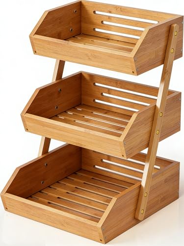 Simple Trending 3-Tier Natural Bamboo Fruit & Vegetable Basket Organizer,