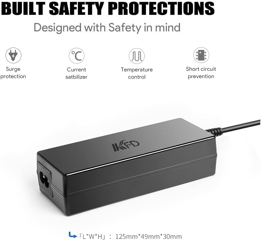 Diagram illustrating multiple safety protections including surge protection, current stabilization, temperature control, and short circuit prevention.