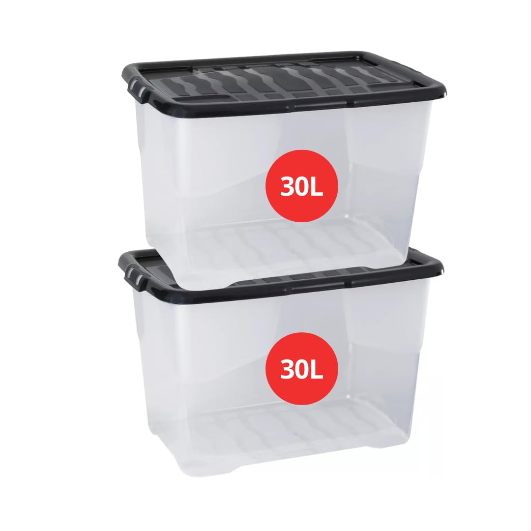 Marco Paul 2 Large Storage Boxes with Lids - Clear Plastic underbed Storage Box Set of 2 Durable Multipurpose Stackable Boxes for Garage, Shed, Toy, Home Organisation