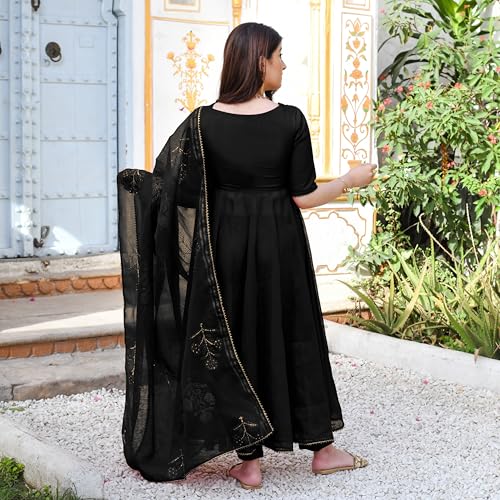 Image of GoSriKi Women's Rayon Viscose Embroidered Anarkali Kurta with Pant & Dupatta