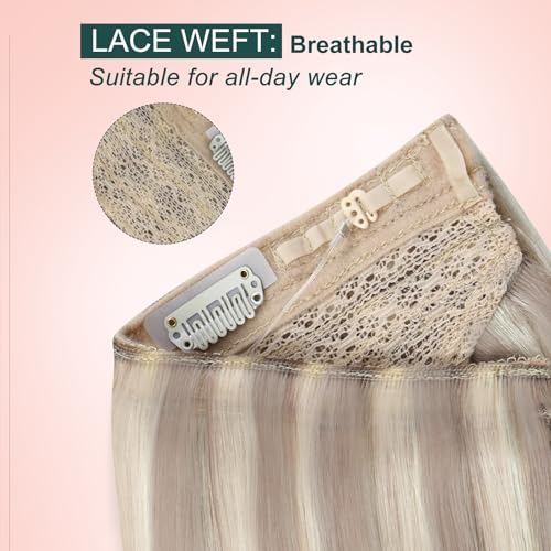 Image of Easyouth Wire Hair Extensions Blonde Highlight Wire Hair Extensions Real Human Hair Ash Blonde Highlights Blond Fish Line Remy Hair Extension for Short Straight Hair 12 Inch 70g