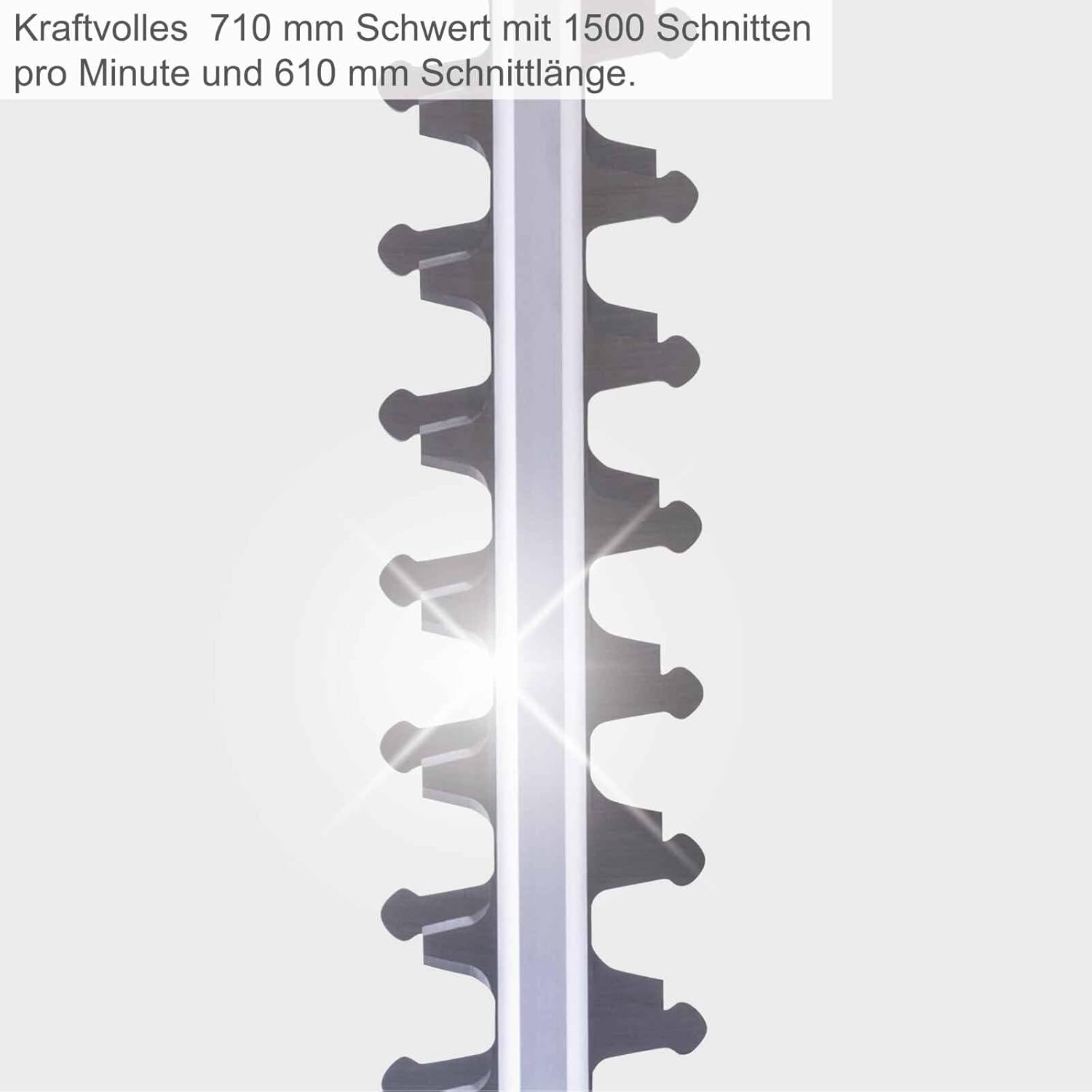 Close-up of the powerful 710mm laser-cut blade