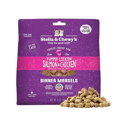 Stella & Chewy's Freeze-Dried Raw Cat Dinner Morsels - Premium Salmon & Chicken Recipe with 98% Wild-Caught & Cage-Free Protein - Natural Grain-Free Cat & Kitten Food - Made in USA - 8 oz