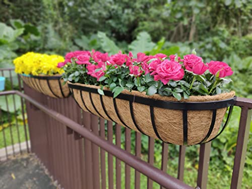 Maxona Fence Planters For Outdoor Plants - 2 Pack, 24 Inch Large Window Flower Box, Metal Rail Basket With Coco Liner, Wall Mounted Railings Hanging Balcony Garden Deck Porch Patio Pot Attach To House #TOP6