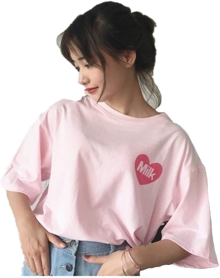Women's Short Sleeve Crewneck Shirts Loose Casual Tee T-Shirt Basic Tee Tops Strawberry Milk Box Graphic T-Shirt Pink Gift Get One Size Bigger!
